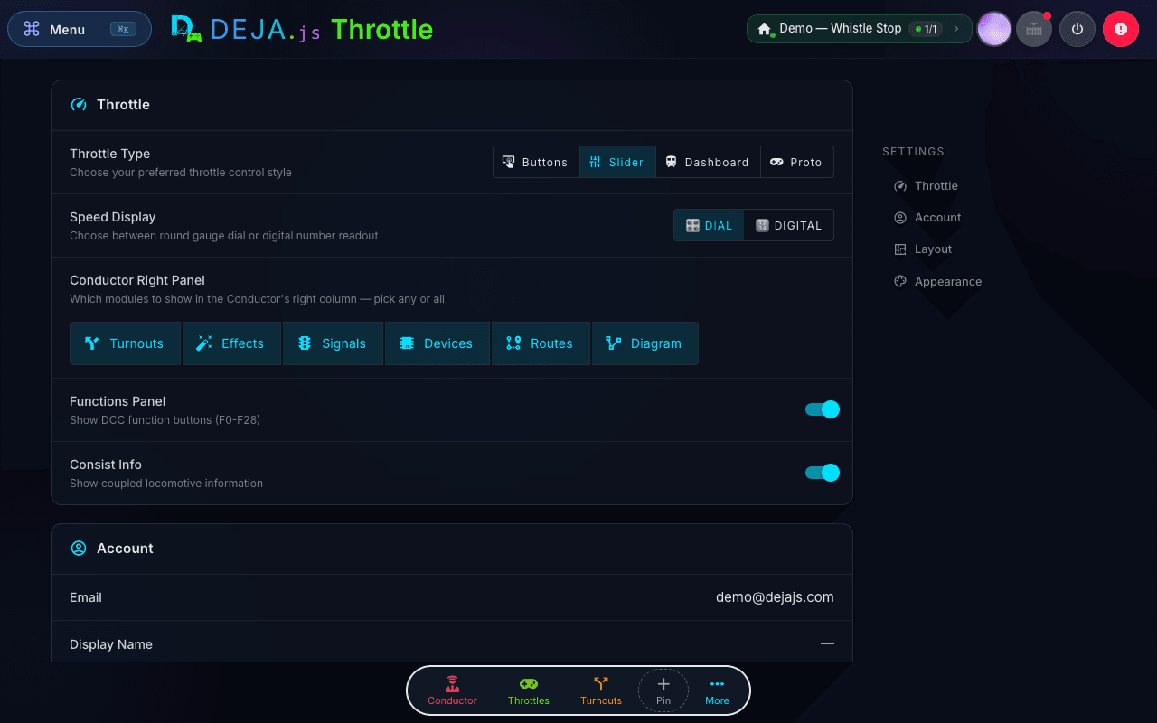 Settings view