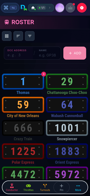 Throttle roster screen on mobile