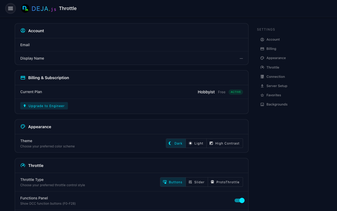 Throttle settings screen