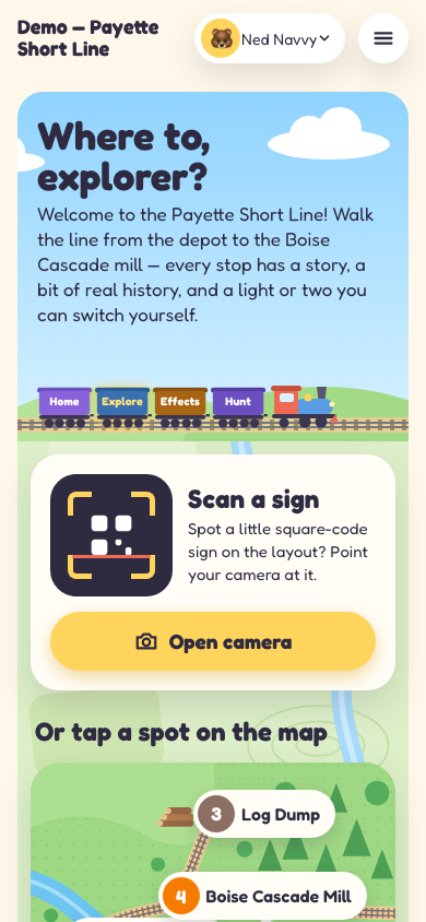 Explore — scan a sign, the map, and the stops